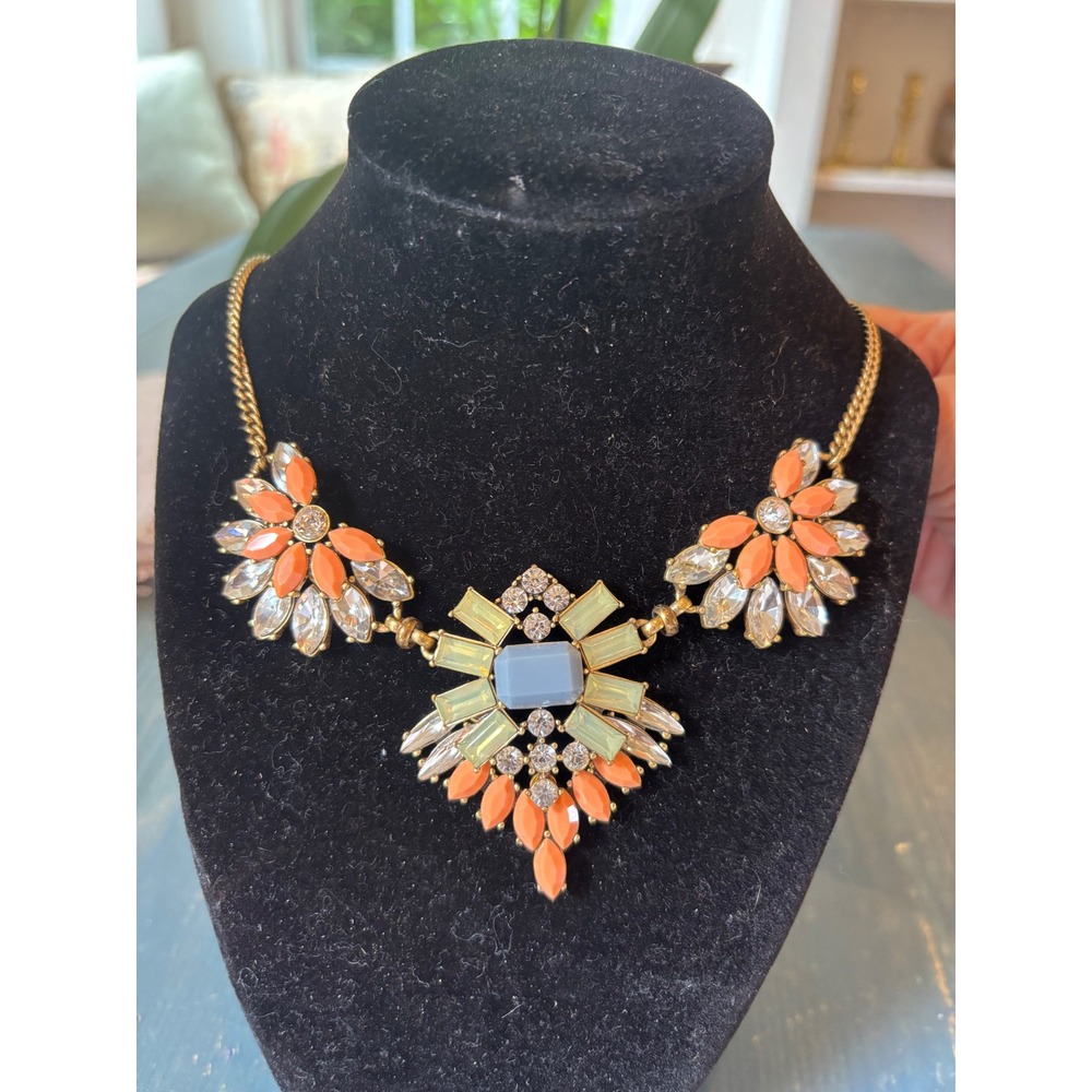 J.Crew Statement Necklace Gold Tone Coral Blue Green Crystal Floral Bib
